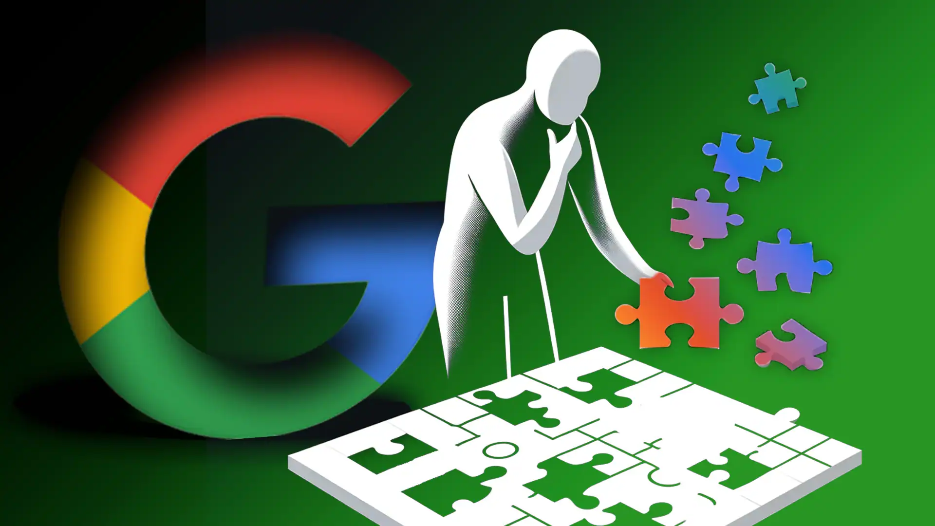 Puzzle piece and SEO strategy concept with Google logo in background.
