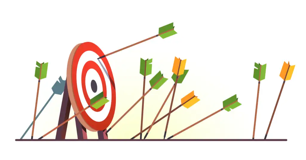 Arrow hitting target on bullseye with multiple arrows around.